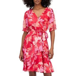Tahari ASL Womens Printed Faux-Wrap Chiffon Dress 2 Raspberry Floral - NWT $129